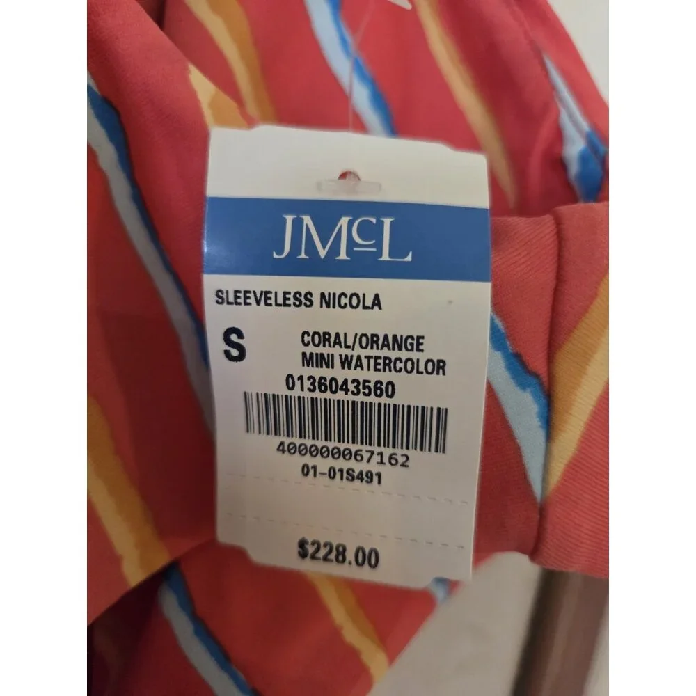 J McLaughlin Coral, Orange‎ & Blue Sleeveless Striped Knee Length Dress S/M NWT
